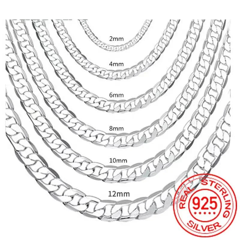 Men's 925 Sterling Silver Necklace 2-12MM Face Chain with Lobster Clasp