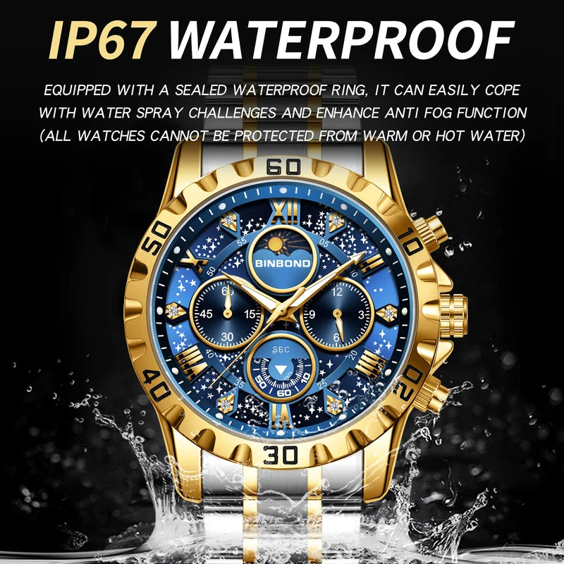 Men's Luxury Quartz Chronograph Watch with Luminous Dial and Stainless Steel Band