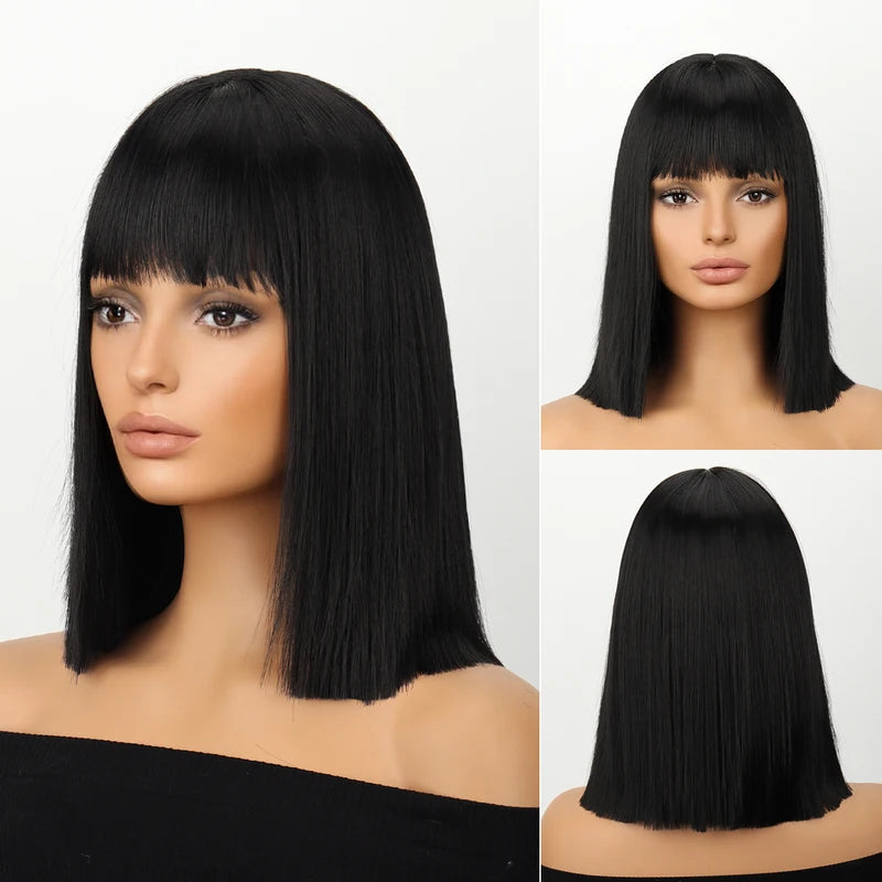 Black Bob Wig with Bangs for Women Short Straight Synthetic Heat-Resistant Wig