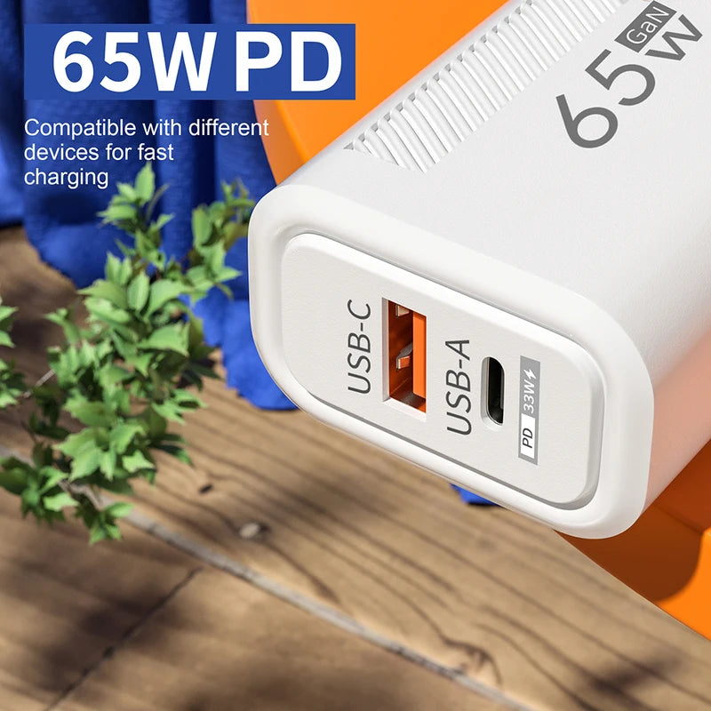 PD 65W USB C Wall Charger GaN Fast Charging Adapter for iPhone Samsung Xiaomi