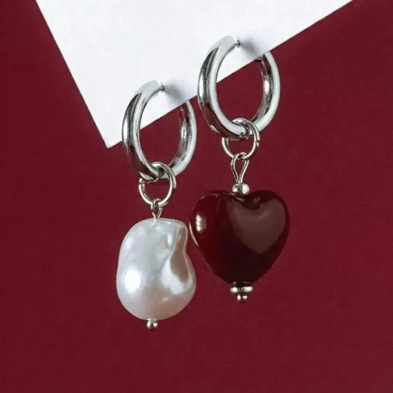 Geometric Irregular Stereo Heart-Shaped Earrings for Women - Asymmetrical Pearl Jewelry
