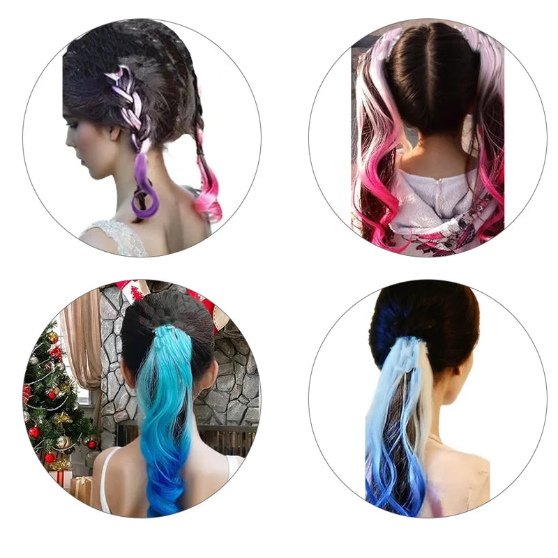 Lightweight 14-Inch Colored Synthetic Hair Extensions for Kids with Ponytail Elastic Tie