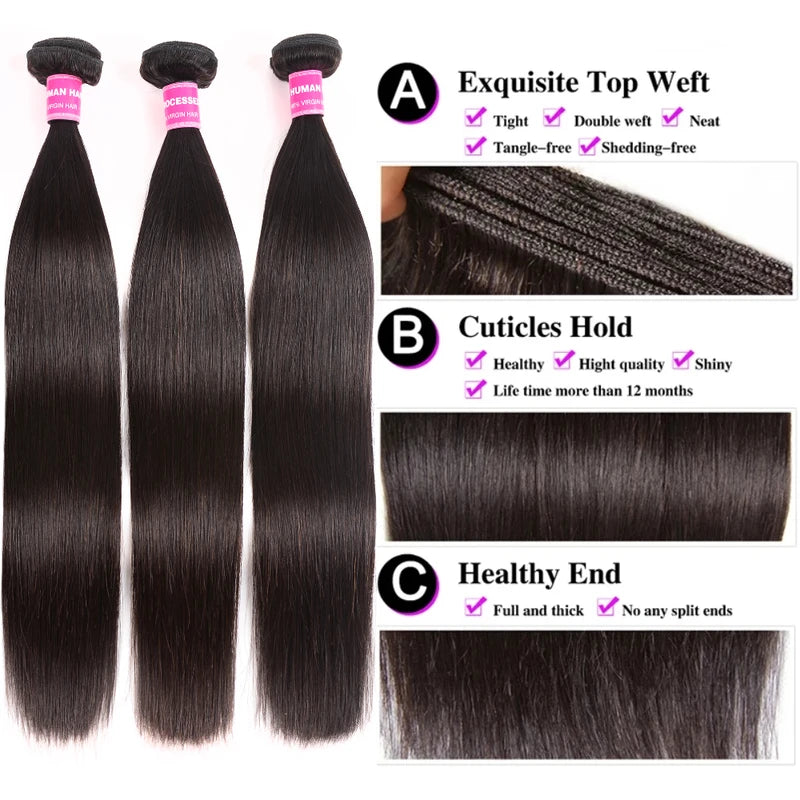 Brazilian Bone Straight Hair Bundles 30 Inch Human Hair Weave - Virgin Remy, Full & Dyeable