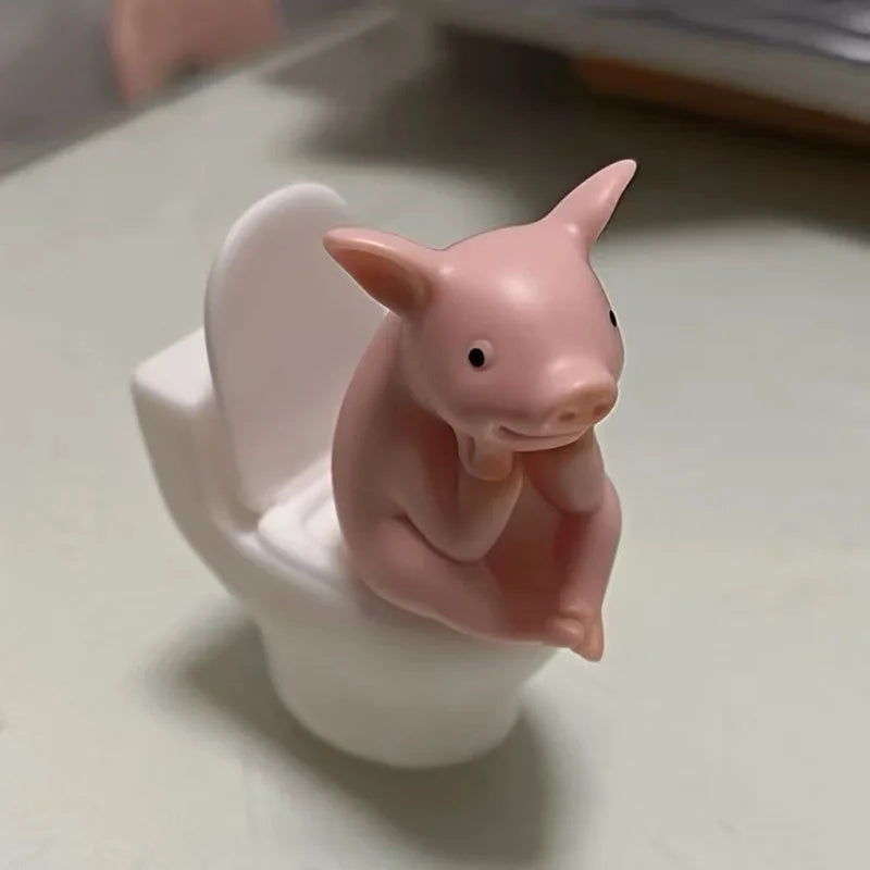 Pink Pig on Toilet Figurine - Whimsical PVC Home & Office Decor