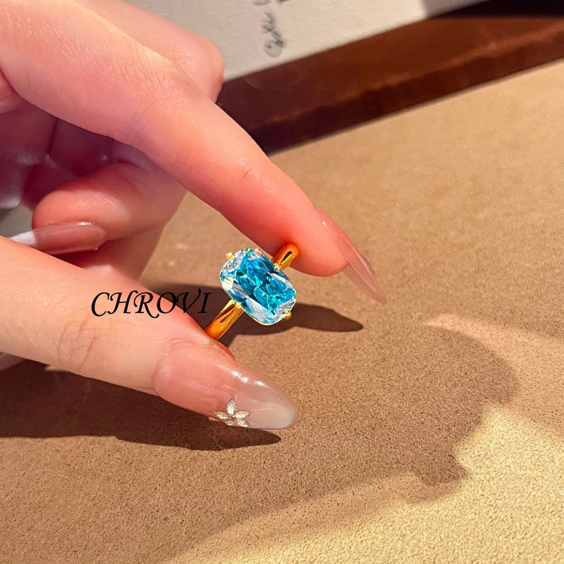 Sterling Silver Square Paraiba & Ocean Blue Diamond Ring for Women