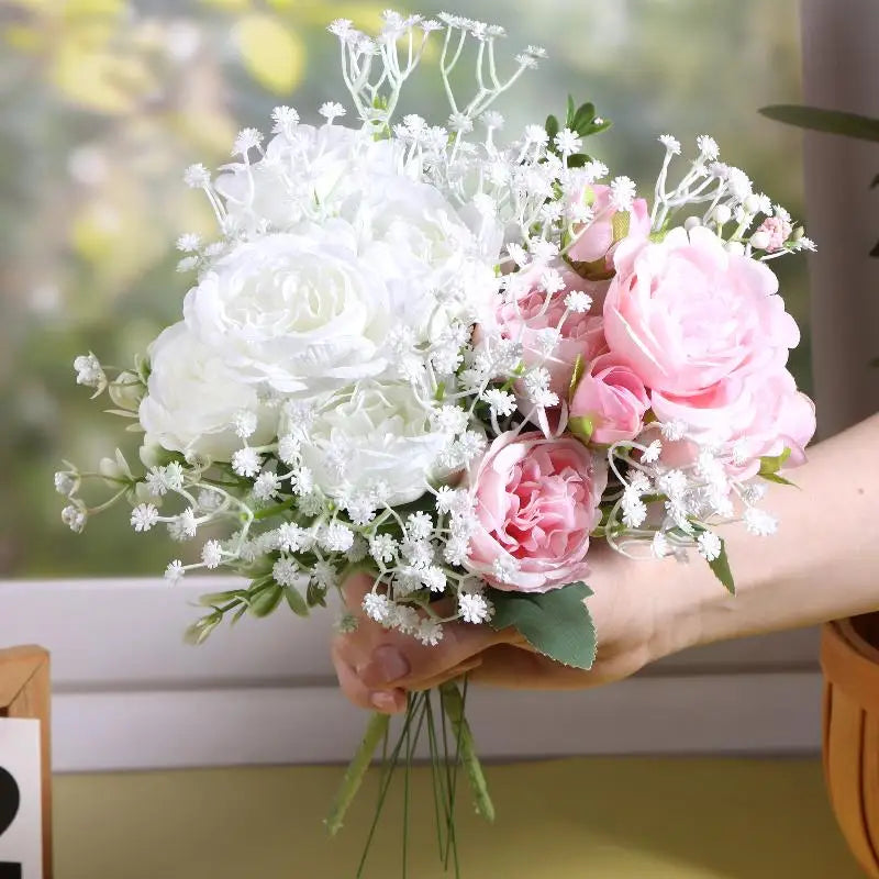 Artificial Rose & Baby Breath Bouquet Wedding Decor Fake Flower Set
