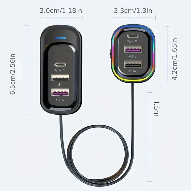 81W Car Charger 6-Port USB & Type-C Fast Charging Extension Cable