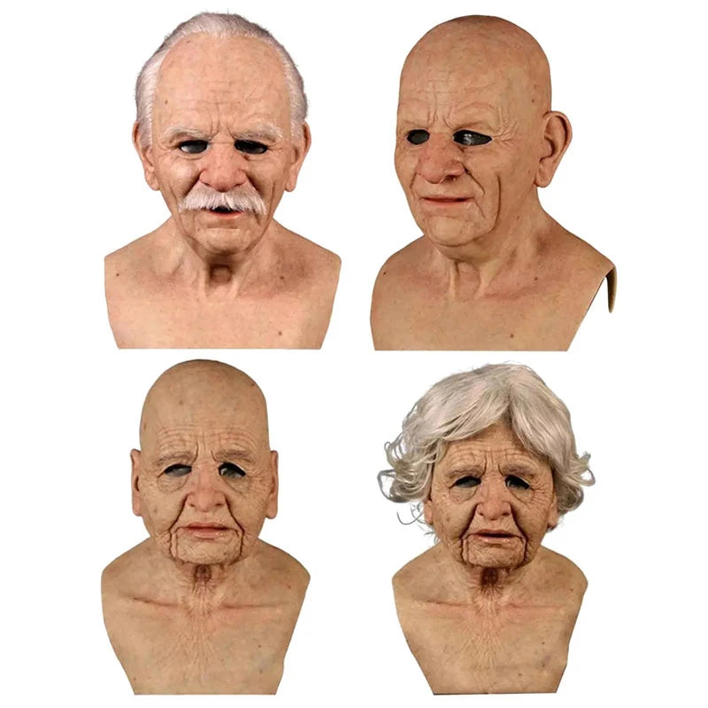 Halloween Elderly Man & Woman Full Head Mask Wrinkle Face Cosplay Prop