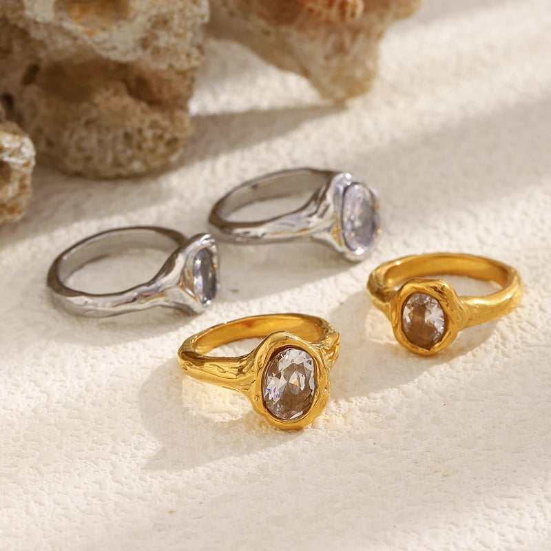 Luxury Zircon Women's Ring - Irregular Stainless Steel, Gold Plated Jewelry