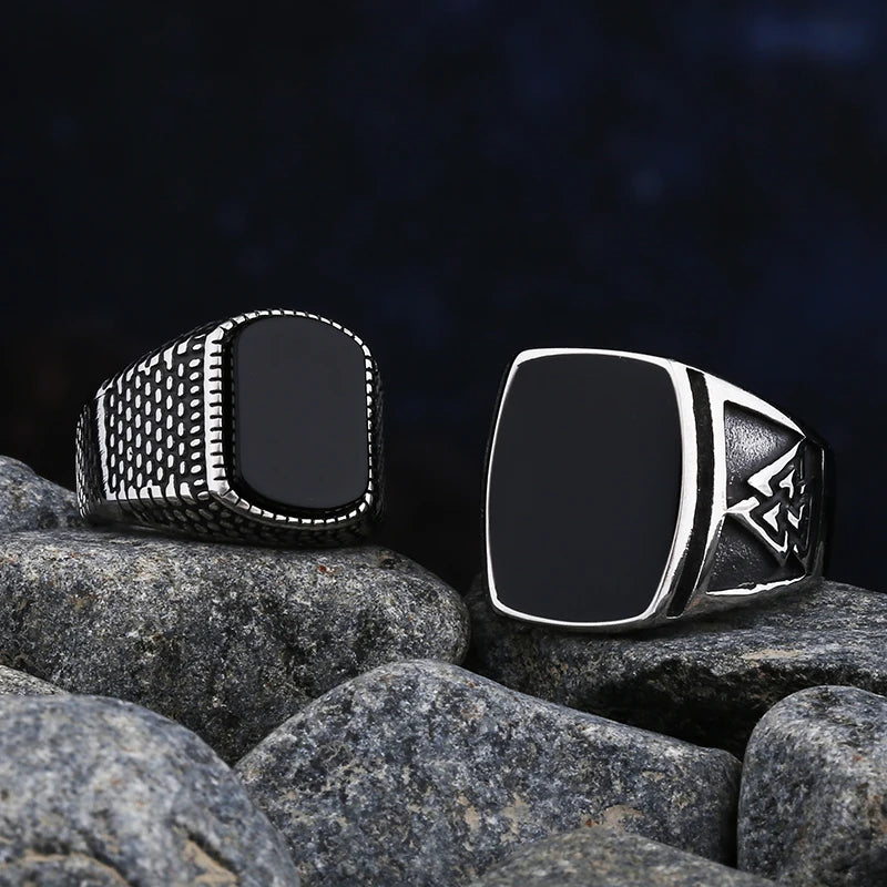 Unisex Stainless Steel Wedding Ring with Black Agate Stone - High-Quality Jewelry