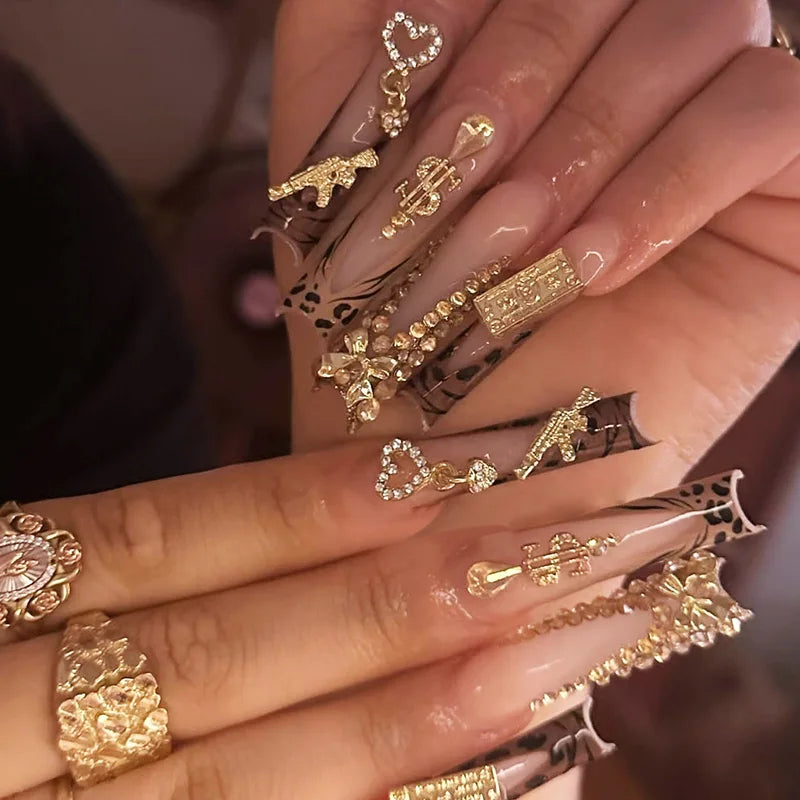 24Pcs Long Square French Fake Nail Tips with 3D Love Heart & Rhinestone Design