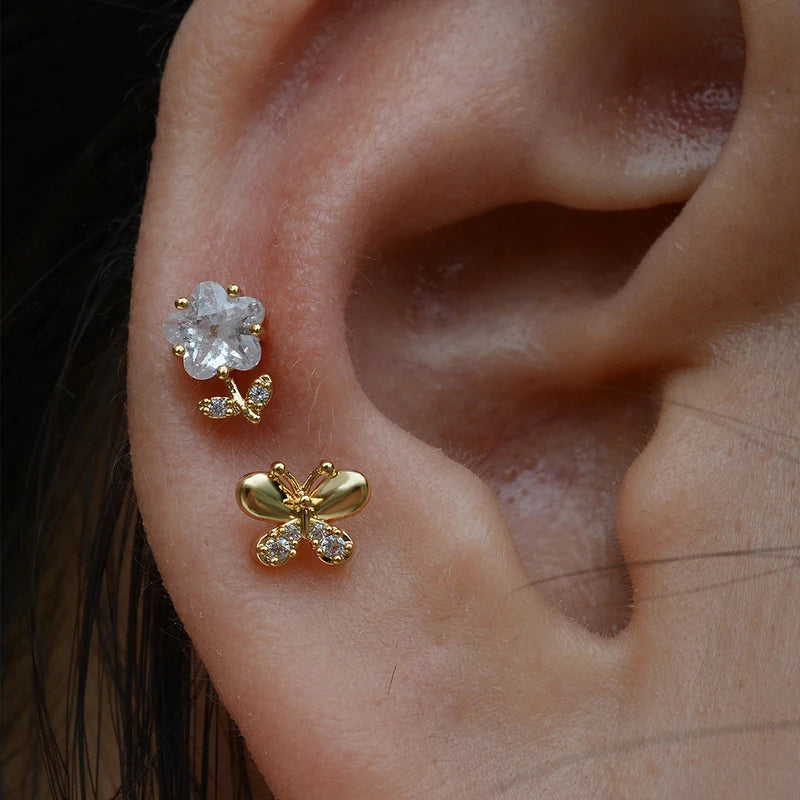 Dainty Sparkly CZ Flower Stud Earrings for Women Stainless Steel Jewelry