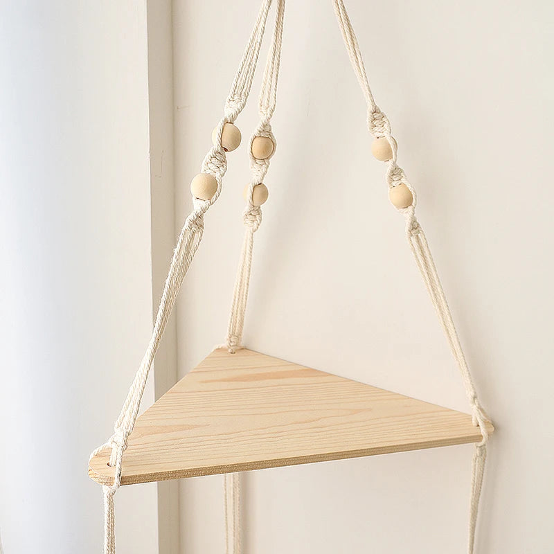 Boho Wall Shelf with Triangle Corner Floating Shelves Natural Wood & Macrame Cord