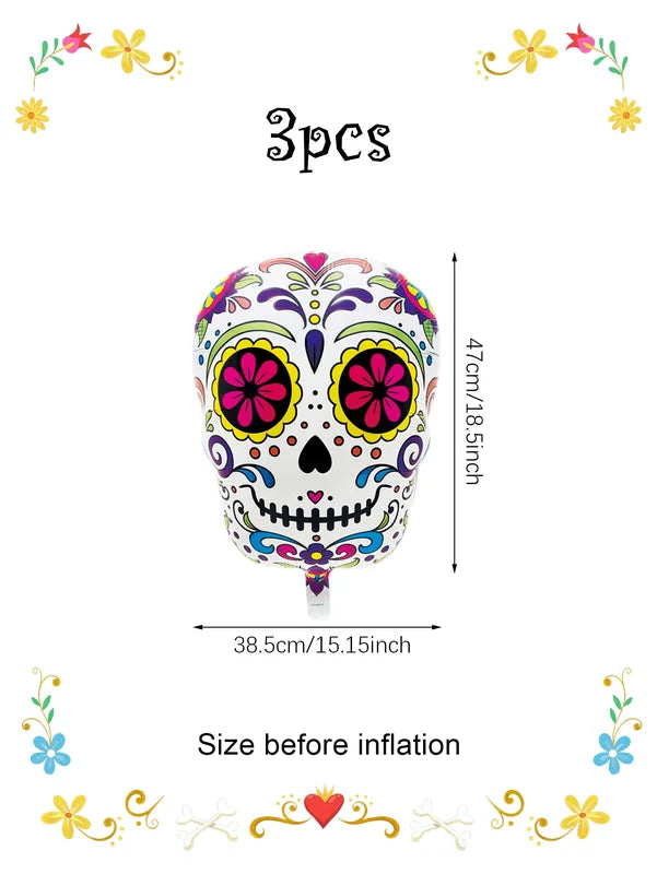 Colorful Flower Skull Aluminum Foil Balloons Halloween Party Decorations 3pcs