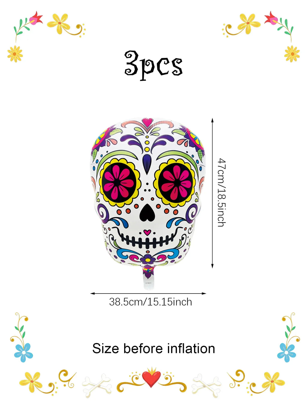 Colorful Flower Skull Aluminum Foil Balloons Halloween Party Decorations 3pcs