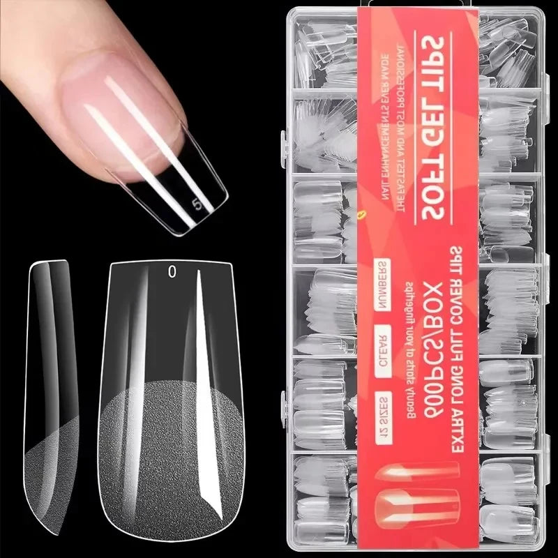 600 Full-Cover Semi-Matte French Square Fake Nail Tips with Self-Adhesive Bond | Crystal Nail Extensions