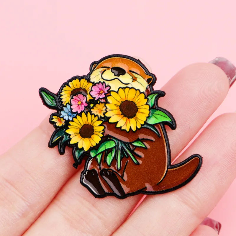 Cute Sunflower Otter Enamel Lapel Pin Jewelry Accessories Gift for Friends