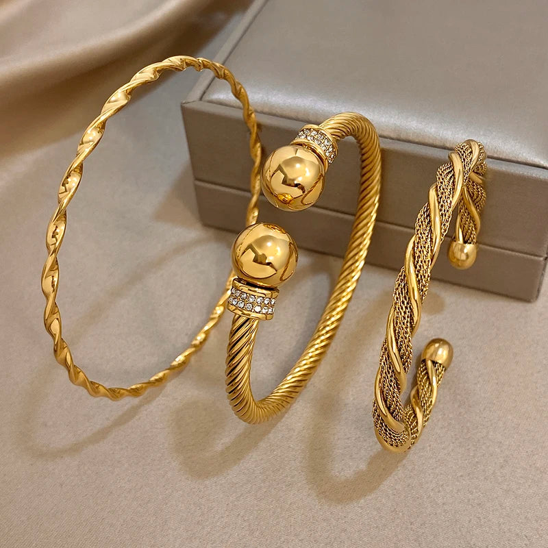 Warp Twine C-Shaped Open Men's & Women's Bracelet Jewelry Set - Stainless Steel
