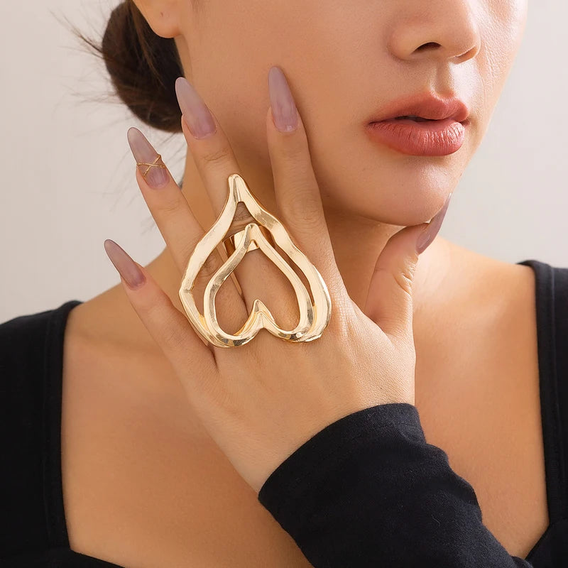 Geometric Double Layer Metal Heart Ring for Women Punk Party Jewelry