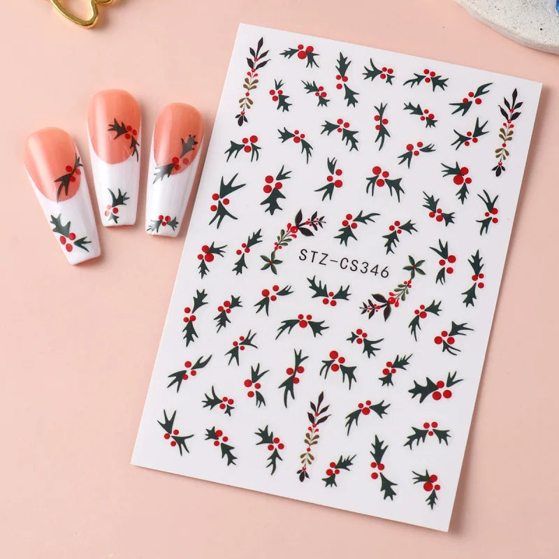 Christmas Holly Nail Art Stickers 2-Pack - Holiday Flower Leaf Decor for Nails
