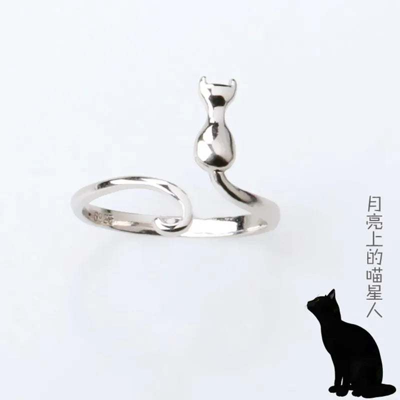 Sterling Silver Cat Ring for Women Engagement Jewelry Adjustable Gift