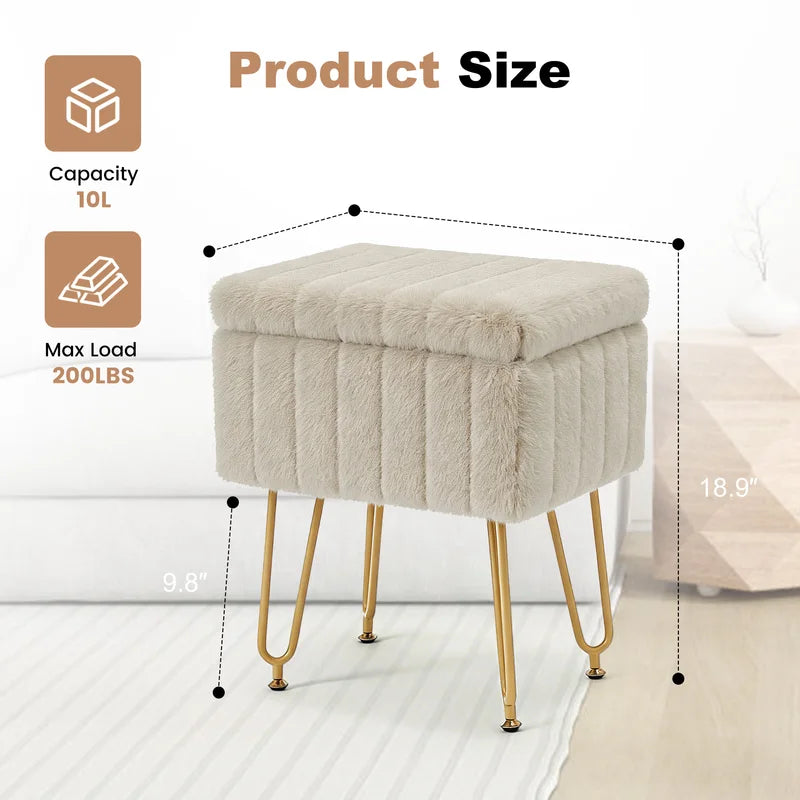 Faux Fur Vanity Stool with Hidden Storage and Adjustable Metal Legs