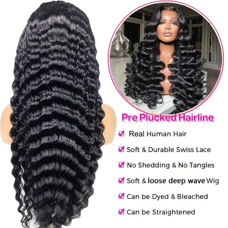 Deep Wave Human Hair Wig 13x6 HD Lace Front Pre-Plucked 200% Density for Women