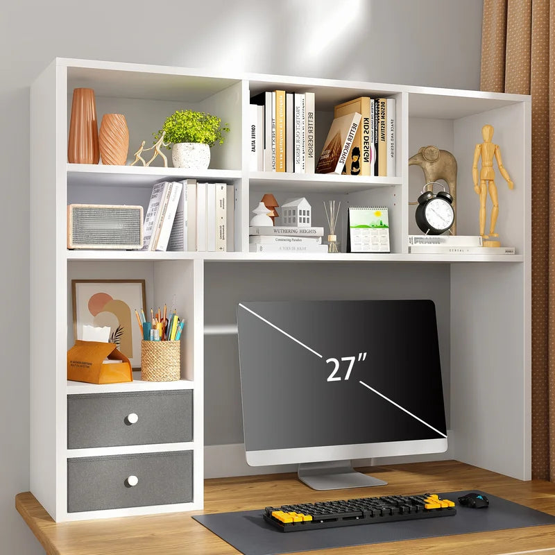 Adjustable Desktop Bookshelf Organizer with 7 Compartments & 2 Drawers - Large Capacity Office Storage