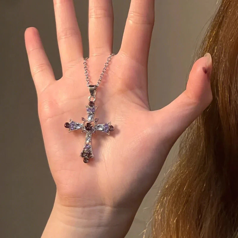 Gothic Pink Cross Necklace for Women Y2K Punk Heart Pendant Jewelry