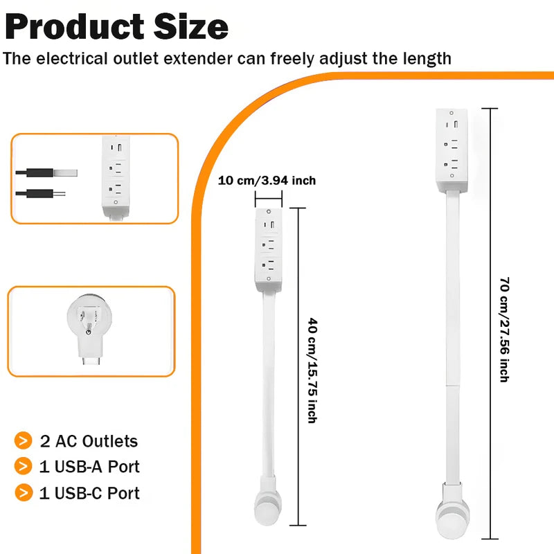 Telescopic Power Outlet Extender with 2 AC and USB Ports - 180° Rotatable Socket Expander