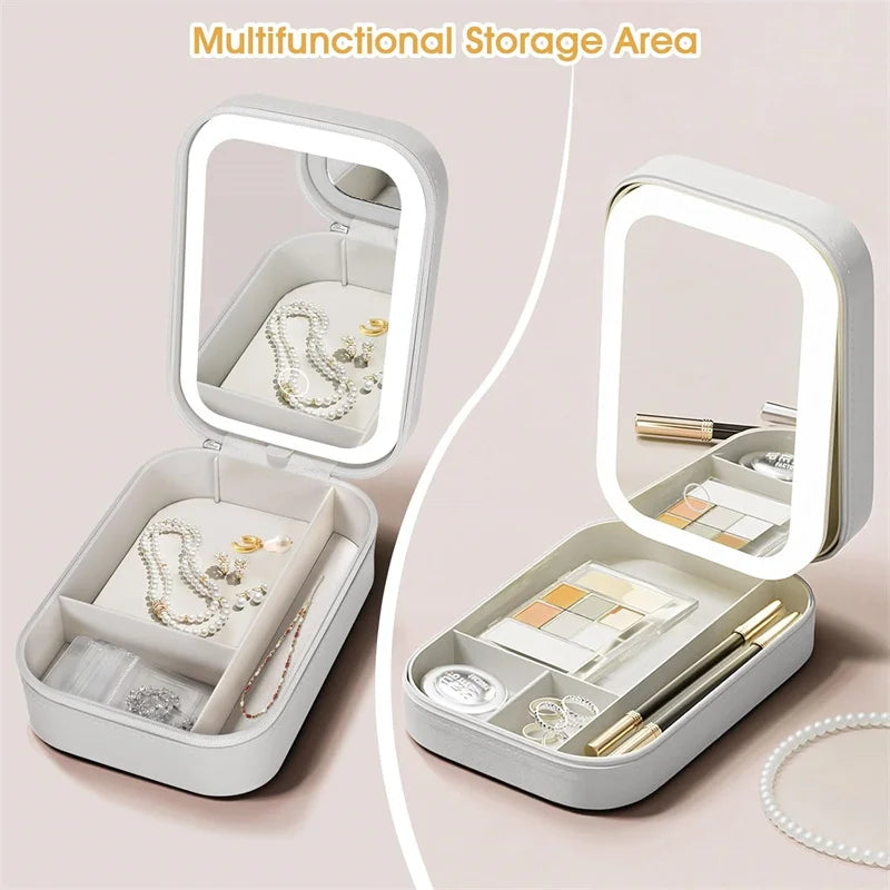 Travel Makeup Brush & Jewelry Storage Bag with LED Lighted Mirror