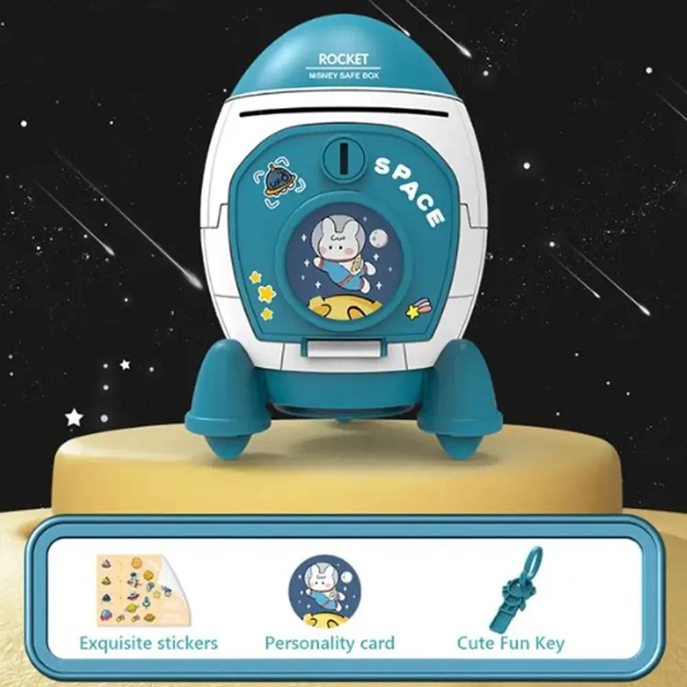Children's Space Rocket Piggy Bank with Sticker Accessories - Multi-Color Plastic Coin Bank for Kids