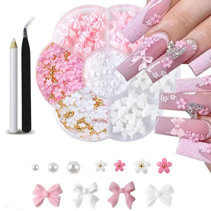 3D Flower Nail Art Decorations Kit with Beads & Floral Charms – Pink & White Acrylic Designs, Includes Wax Pen & Tweezer