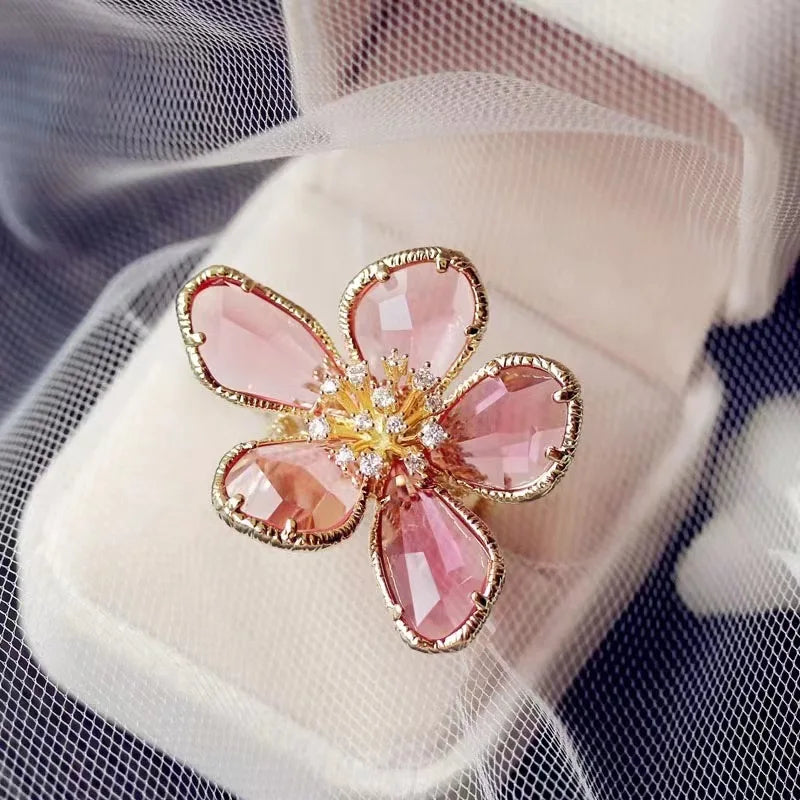 Luxury Crystal Flower Open Ring for Women Trendy Statement Jewelry Summer Holiday