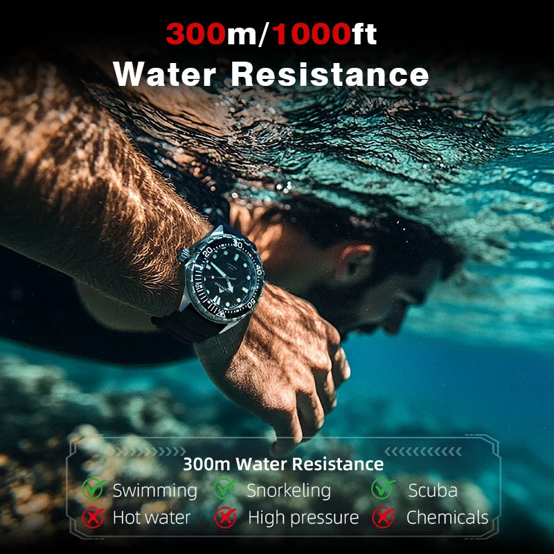 Men's Solar Powered Dive Watch 300M Waterproof Quartz with Stainless Steel Case