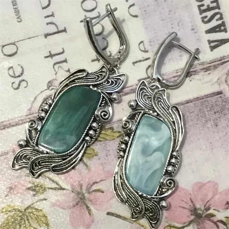 Vintage Green Stone Earrings Geometric Flower Silver Dangle Jewelry for Women