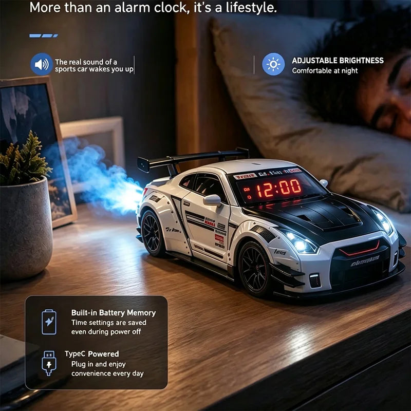 Sports Car Alarm Clock with Engine Roar Sound, Mist Sprayer & LED Lights