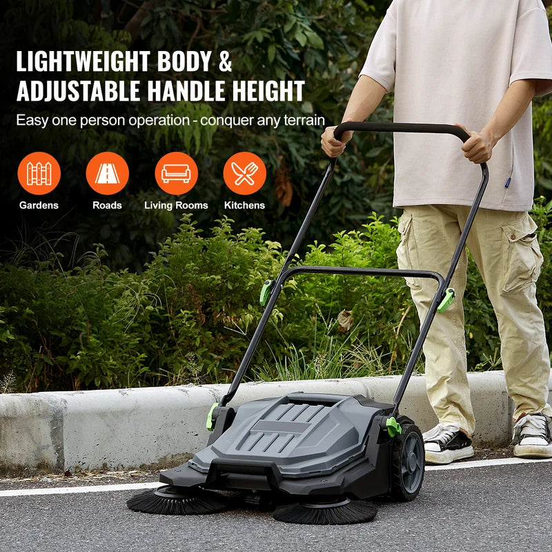 Walk-Behind Hand Push Floor Sweeper 25.6-inch Sweeping Width with Large Waste Container