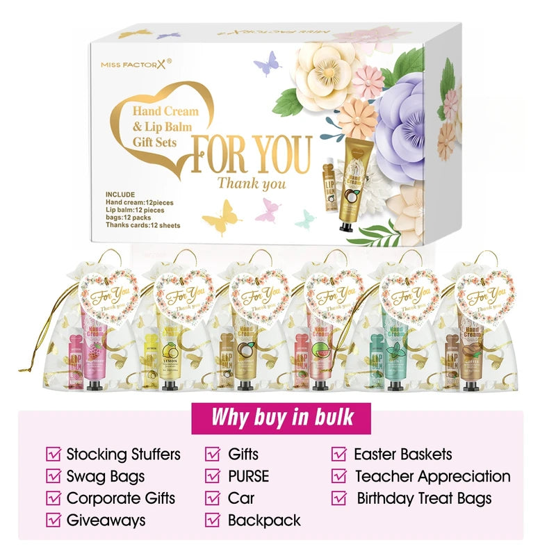 12-Piece Hand Cream and Lip Balm Gift Set with Net Bag and Thank You Card – Holiday Friendship Gift
