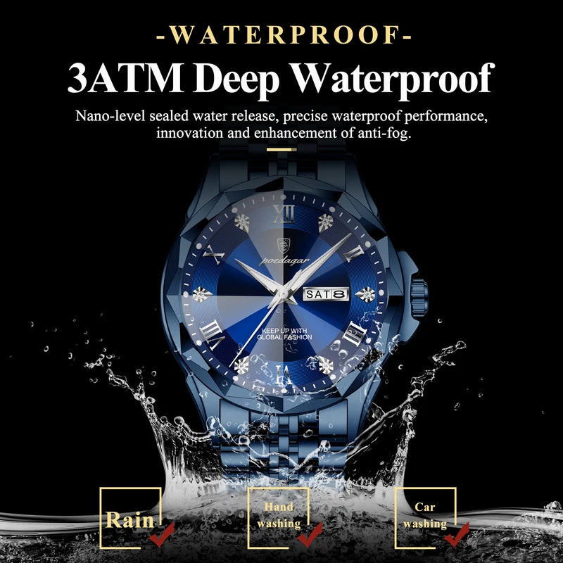 Luxury Men’s Waterproof Luminous Quartz Wristwatch with Date and Week Display