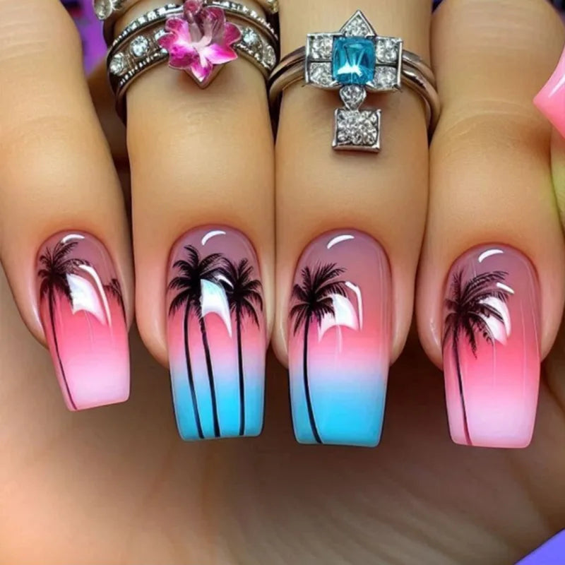 24Pcs Short Square French Press on Nails Tips with Love Stripe Design - Full Cover Nail Art