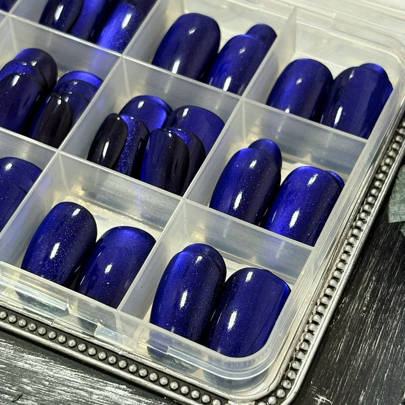 Glossy Dark Blue Cat Eye False Nails Set - Sparkly Medium Oval Press On Nails
