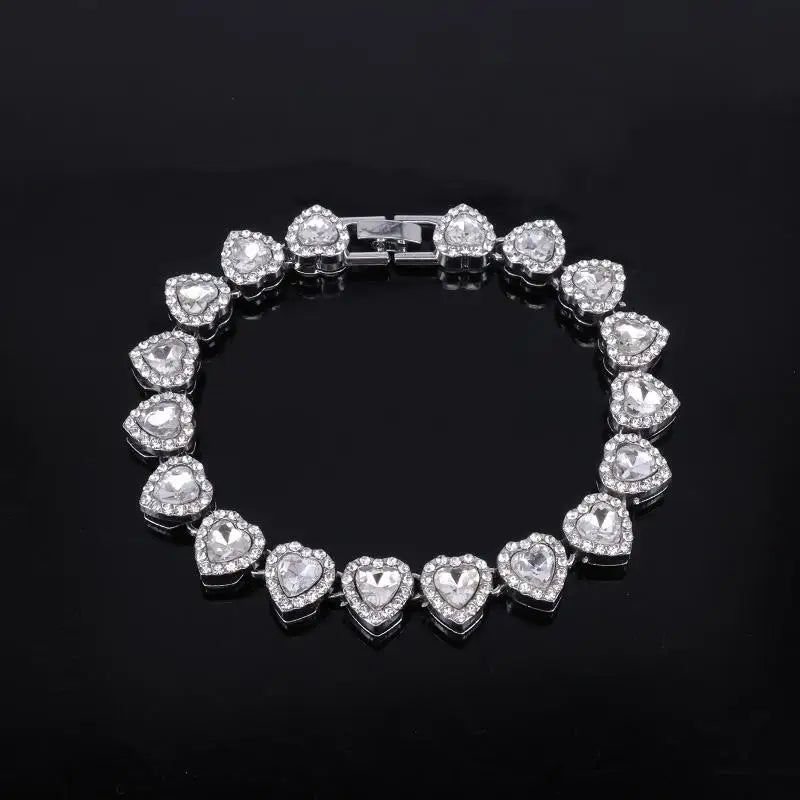 45cm Hip Hop Heart Rhinestone CZ Chain Necklace & Bracelet Jewelry Set