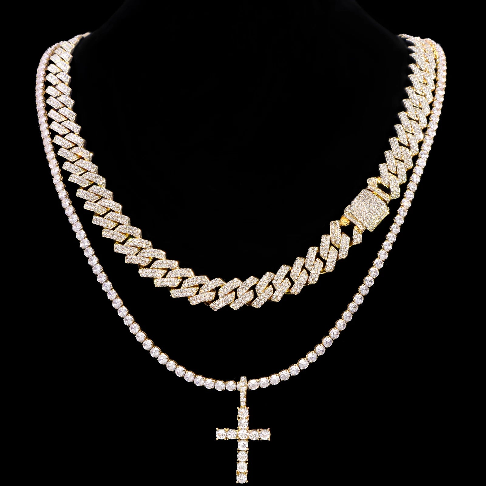 Men Women Cross Tennis Chain Necklace 14MM Cuban Link Jewelry - 2 Pieces