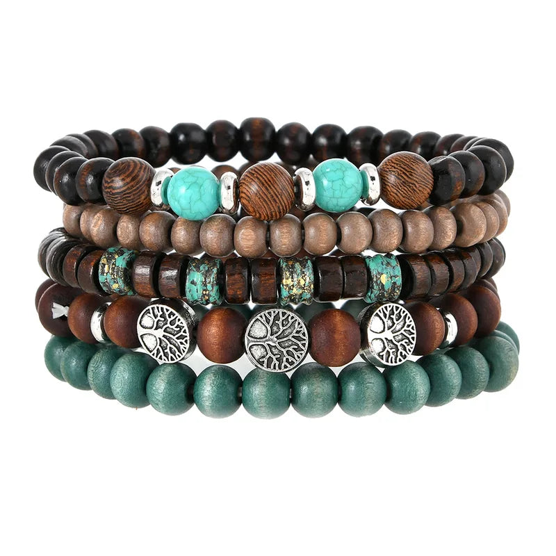 Vintage Ethnic Wooden Beaded Bracelets for Men Multi-Layer Jewelry with Turquoise and Nature Stones