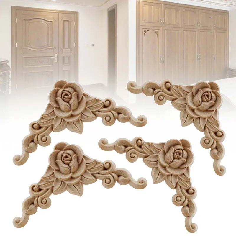 Wooden Floral Corner Wall Decor - Set of 4 Carved Wooden Appliques for Doors & Furniture