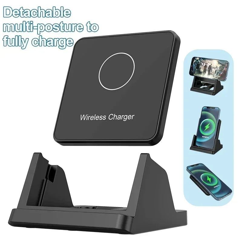 Wireless Charging Stand Dock for iPhone, Samsung, Xiaomi - Fast 15W, Removable Vertical & Horizontal Holder