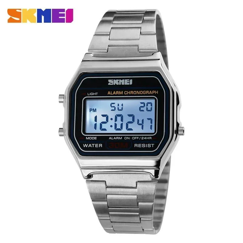Digital Sports Watch for Men Waterproof Stainless Steel Casual Wristwatch