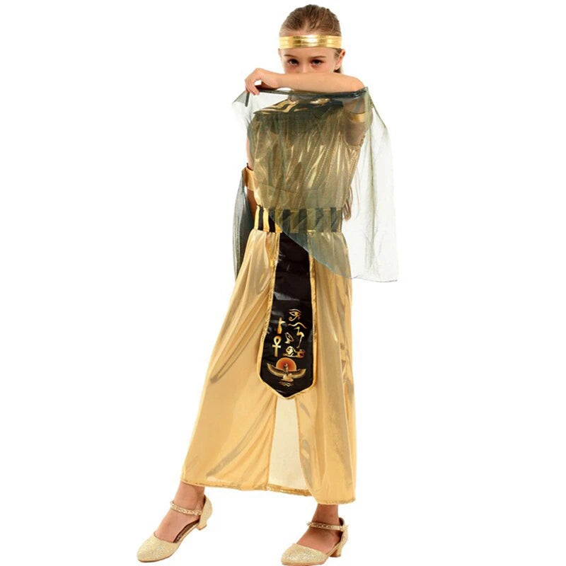 Children's Halloween Costume Girls Masquerade Golden Egyptian Princess Dress for Themed Party