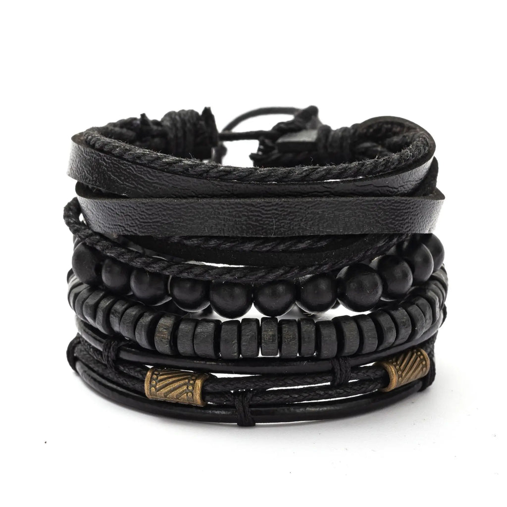 4PCS Multi-Layer Wooden Beads Men's Bracelet Set - Vintage Fashion Accessories